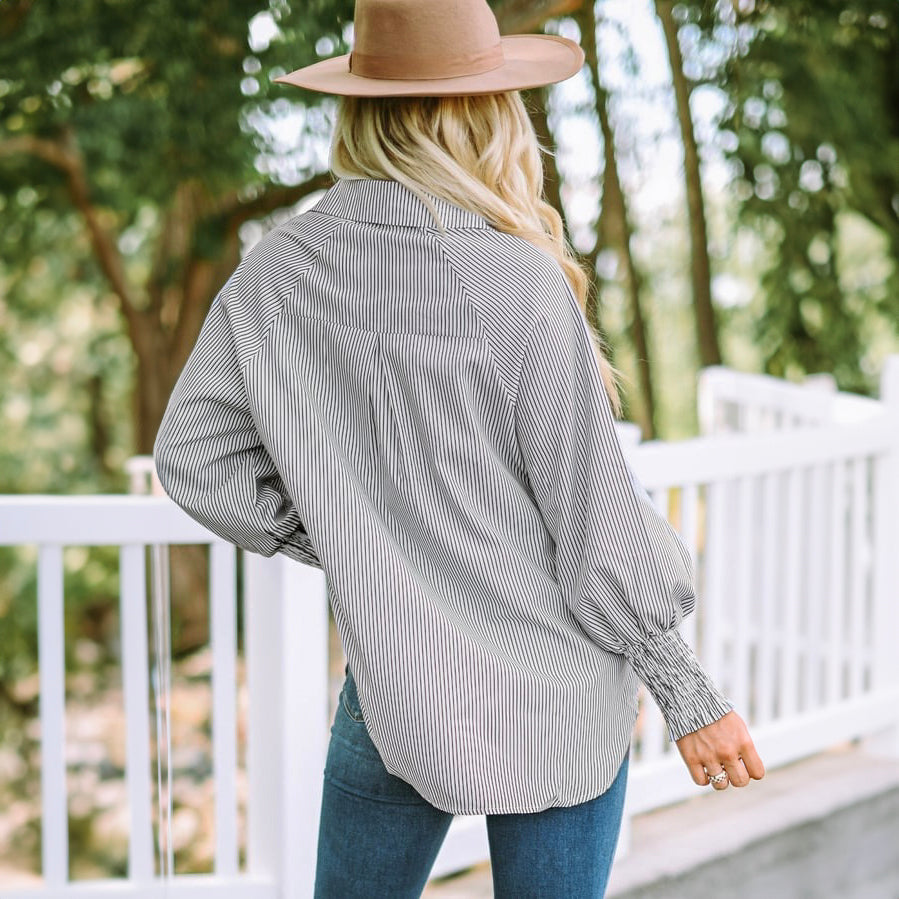 Mid-Length Shirt With Striped Lapel And Oversized Drawdown Sleeves