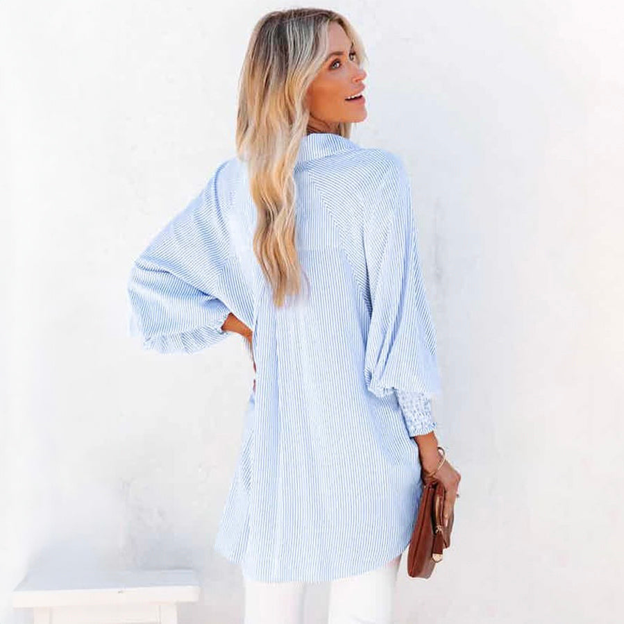 Mid-Length Shirt With Striped Lapel And Oversized Drawdown Sleeves