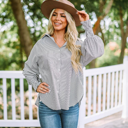 Mid-Length Shirt With Striped Lapel And Oversized Drawdown Sleeves