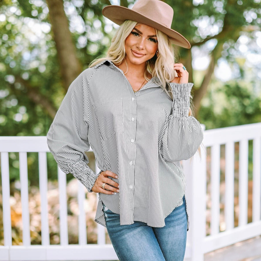 Mid-Length Shirt With Striped Lapel And Oversized Drawdown Sleeves