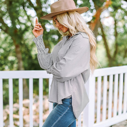 Mid-Length Shirt With Striped Lapel And Oversized Drawdown Sleeves