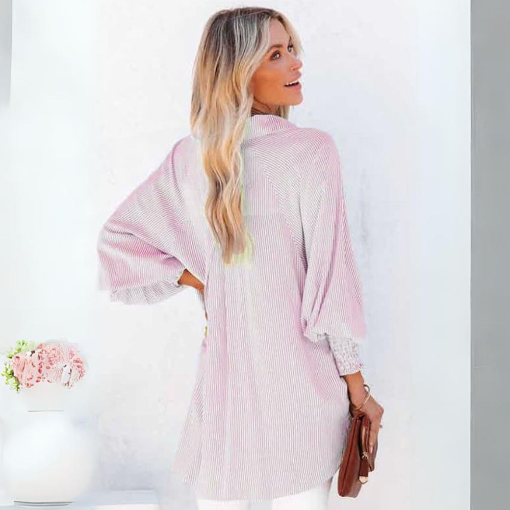 Mid-Length Shirt With Striped Lapel And Oversized Drawdown Sleeves