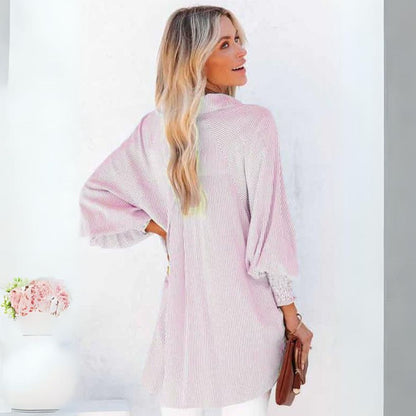 Mid-Length Shirt With Striped Lapel And Oversized Drawdown Sleeves