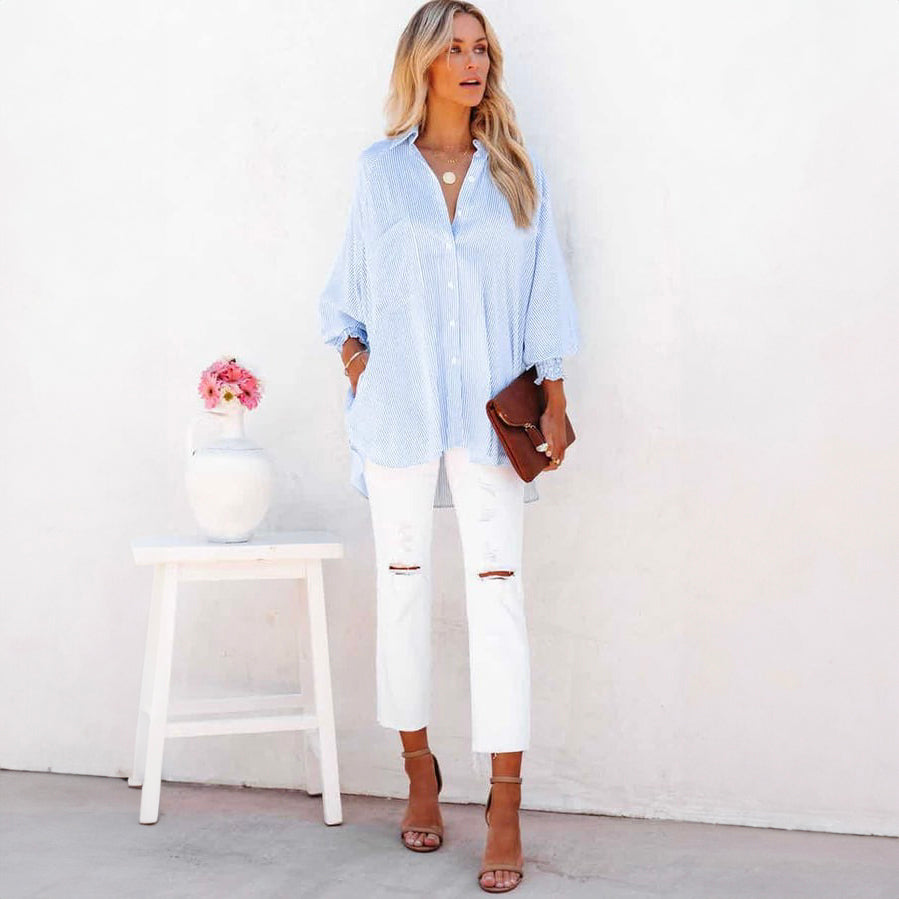 Mid-Length Shirt With Striped Lapel And Oversized Drawdown Sleeves