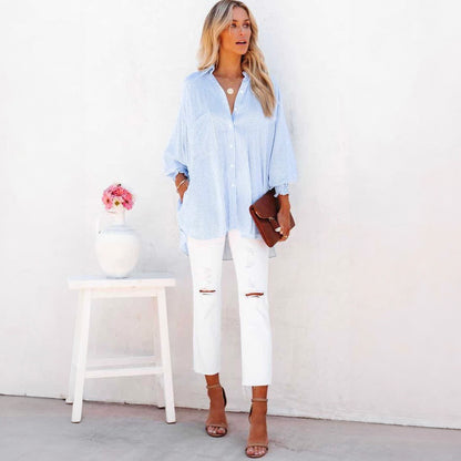 Mid-Length Shirt With Striped Lapel And Oversized Drawdown Sleeves