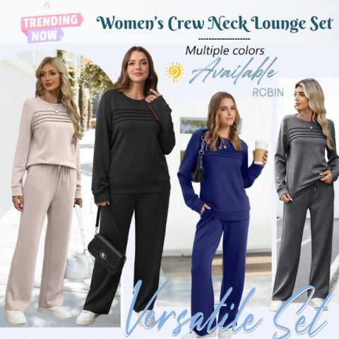 Crew Neck Lounge Set - Soft Cotton Top & Drawstring Pants