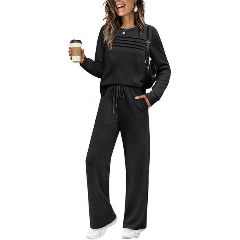 Crew Neck Lounge Set - Soft Cotton Top & Drawstring Pants