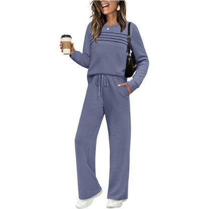 Crew Neck Lounge Set - Soft Cotton Top & Drawstring Pants