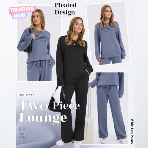 Crew Neck Lounge Set - Soft Cotton Top & Drawstring Pants