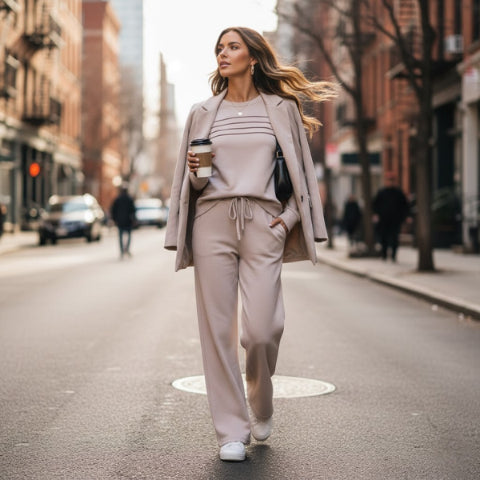 Crew Neck Lounge Set - Soft Cotton Top & Drawstring Pants