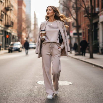 Crew Neck Lounge Set - Soft Cotton Top & Drawstring Pants