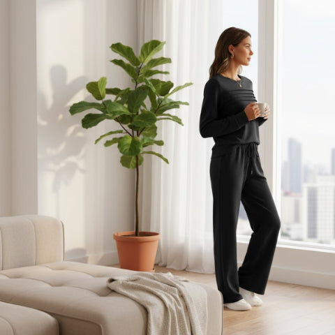 Crew Neck Lounge Set - Soft Cotton Top & Drawstring Pants