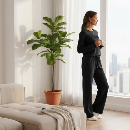 Crew Neck Lounge Set - Soft Cotton Top & Drawstring Pants