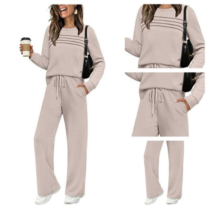 Crew Neck Lounge Set - Soft Cotton Top & Drawstring Pants