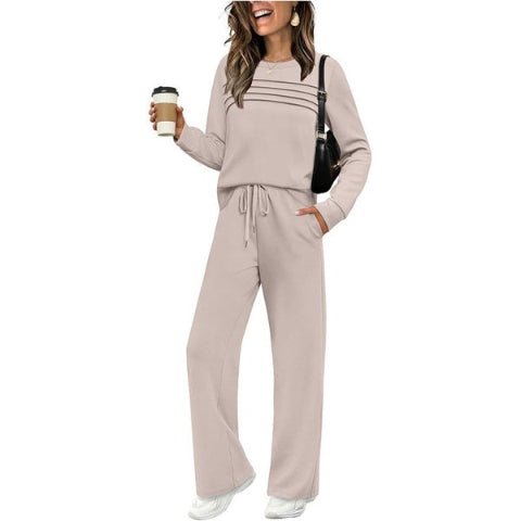 Crew Neck Lounge Set - Soft Cotton Top & Drawstring Pants