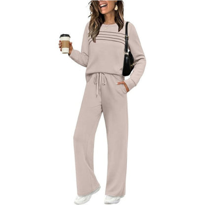 Crew Neck Lounge Set - Soft Cotton Top & Drawstring Pants