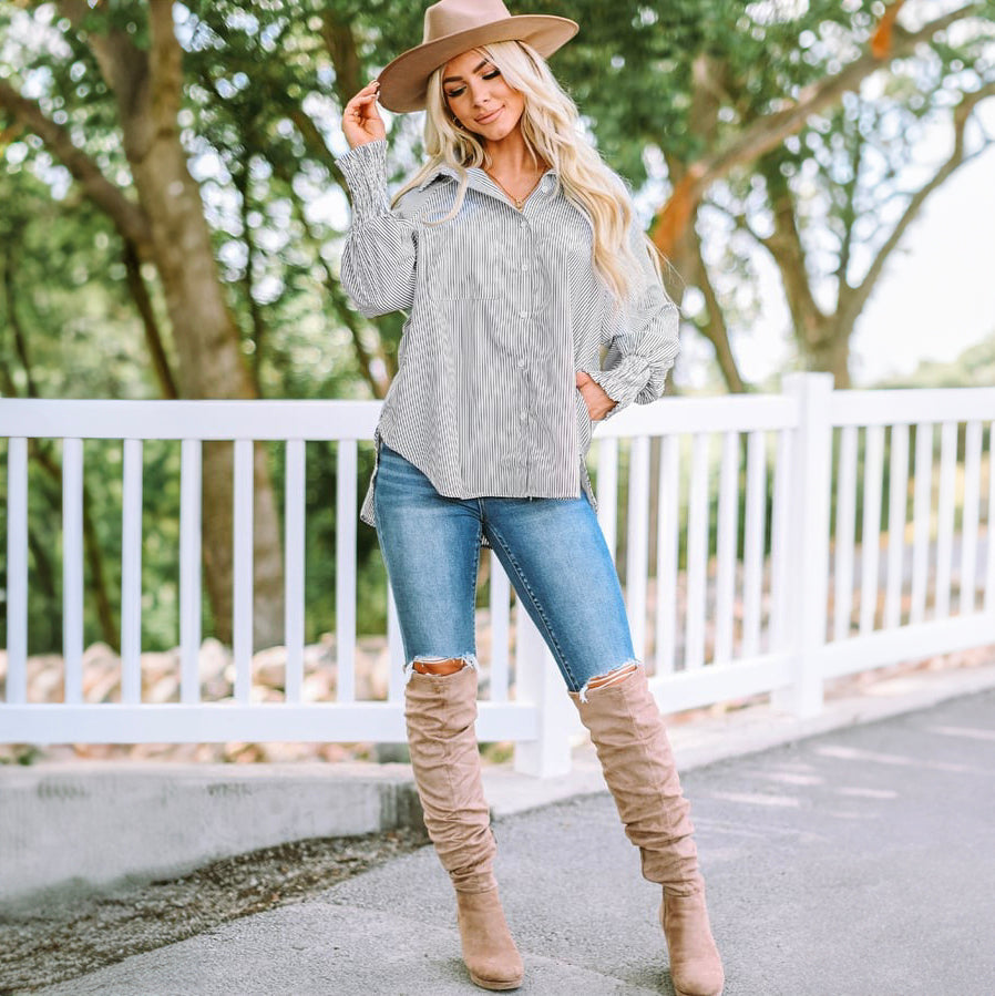 Mid-Length Shirt With Striped Lapel And Oversized Drawdown Sleeves