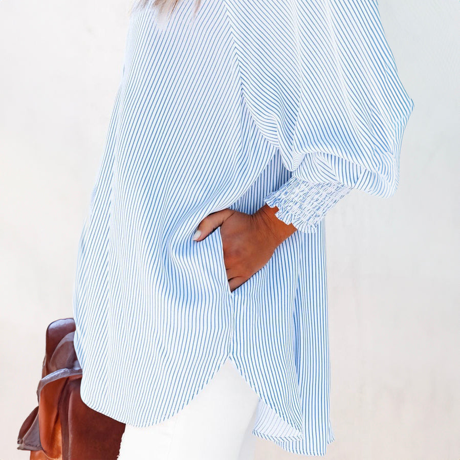 Mid-Length Shirt With Striped Lapel And Oversized Drawdown Sleeves