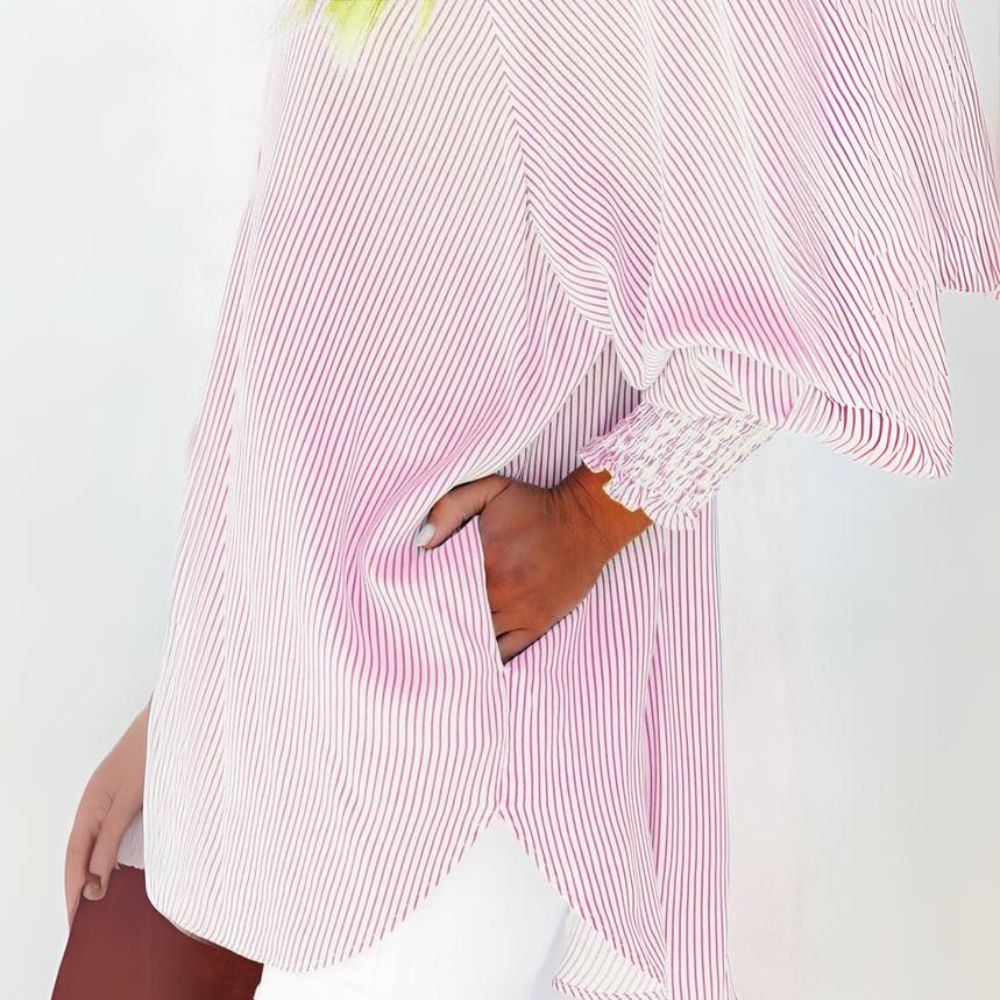 Mid-Length Shirt With Striped Lapel And Oversized Drawdown Sleeves