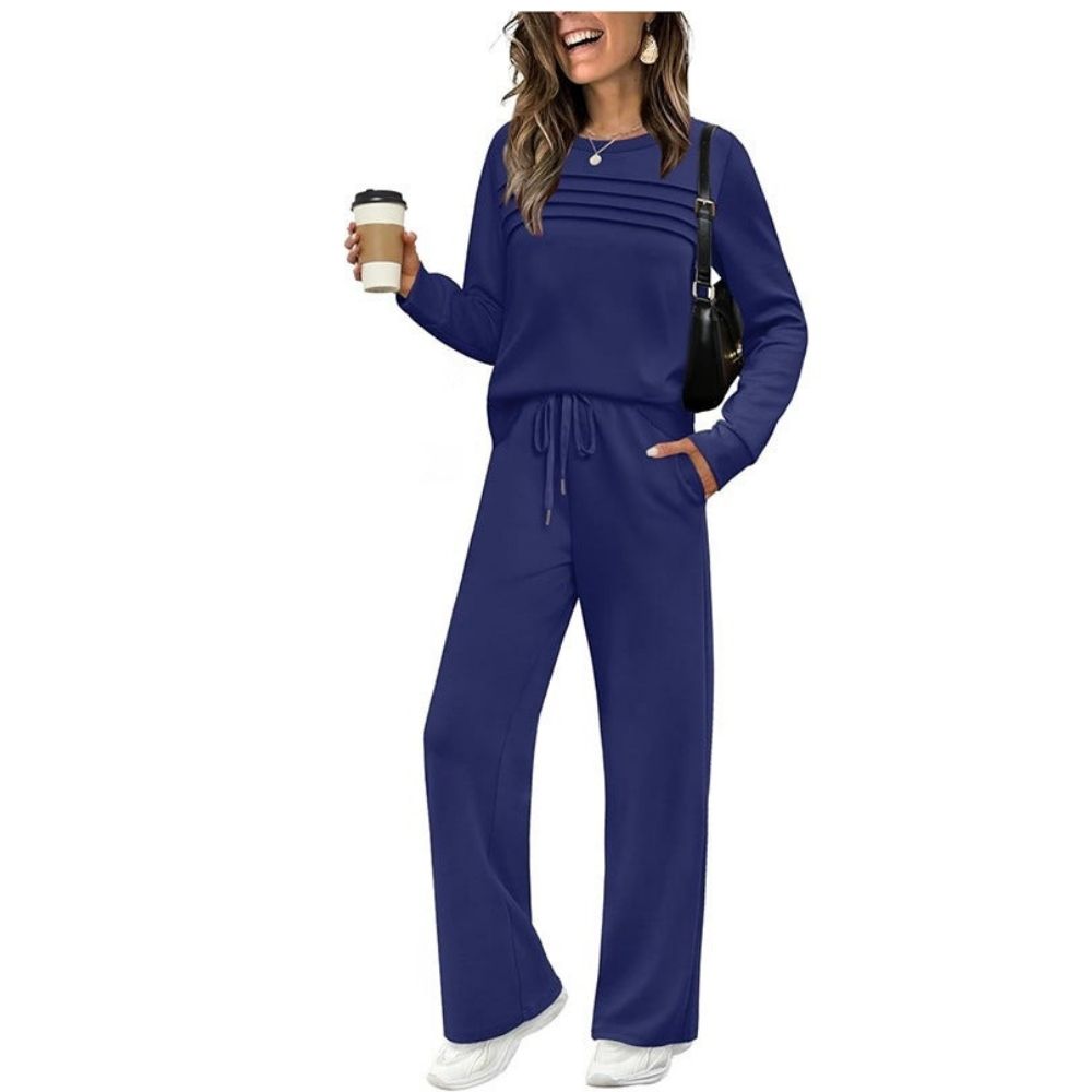 Crew Neck Lounge Set - Soft Cotton Top & Drawstring Pants