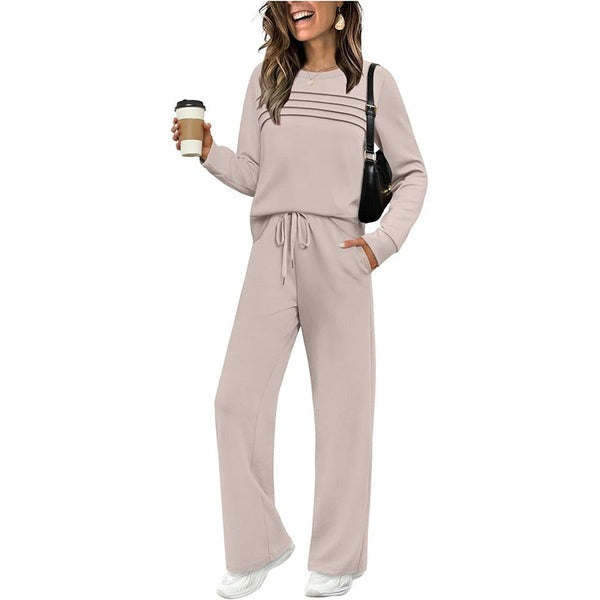 Crew Neck Lounge Set - Soft Cotton Top & Drawstring Pants