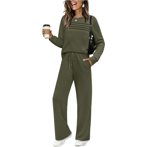 Crew Neck Lounge Set - Soft Cotton Top & Drawstring Pants