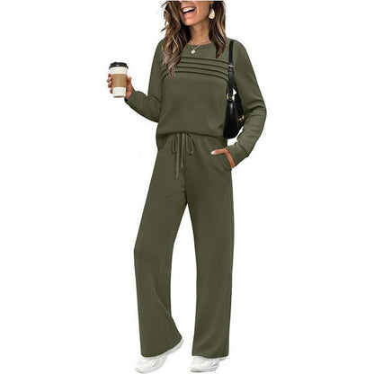 Crew Neck Lounge Set - Soft Cotton Top & Drawstring Pants