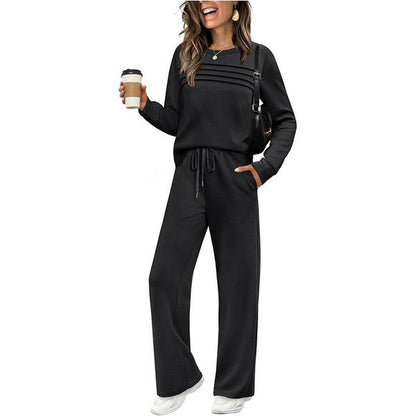 Crew Neck Lounge Set - Soft Cotton Top & Drawstring Pants
